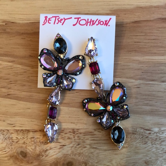 Betsey Johnson Hematite & Gold Tone Mismatch Crystal Butterfly Drop Earrings NWT - Picture 5 of 16